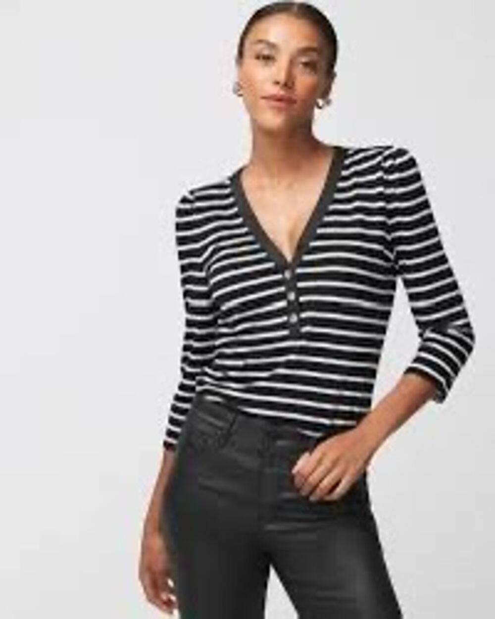 WHBM White House Black Market Black & White Striped Henley Tee Size XS